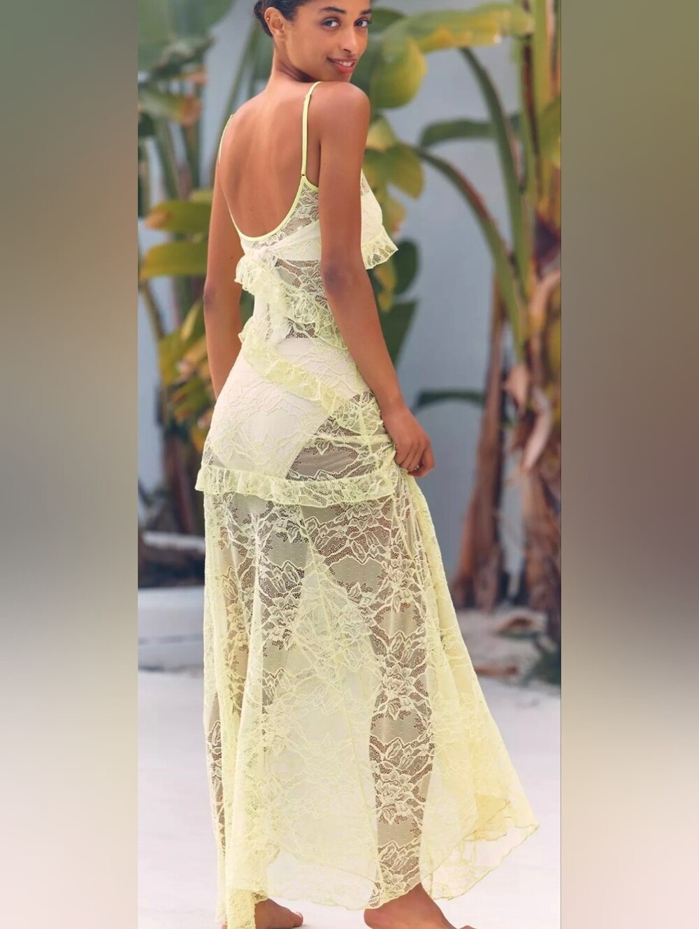 Anthropologie Sheer Lace Ruffle Maxi Slip Dress - Picture 2 of 4